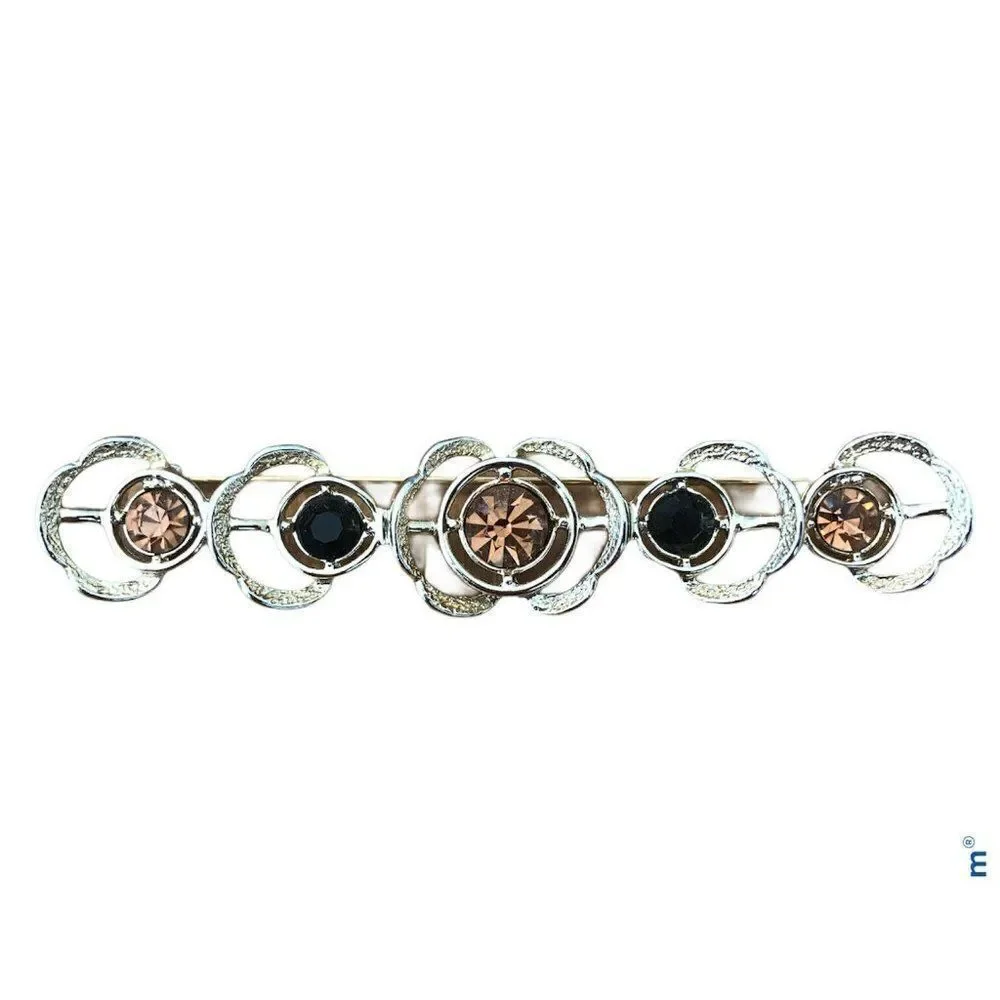 Sarah Coventry Gold Tone Bar Pin Brooch Black And Brown Rhinestones Flower Gift